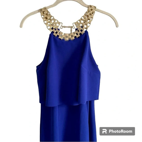 DECODE 1.8 Royal Blue & Gold Chain Halter Mermaid Formal Evening Dress  Size 4 - Picture 3 of 16